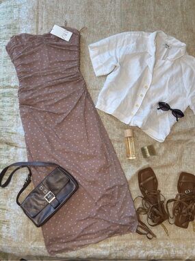 Zara Strapless Sheer Brown blue Polka Dot Midi dress